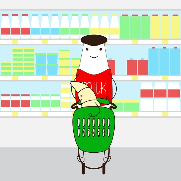 Bouteille de lait avec croissant au supermarché — Image vectorielle
