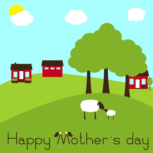 Tarjeta del día de la madre feliz con ovejas y cordero en la granja — Archivo Imágenes Vectoriales