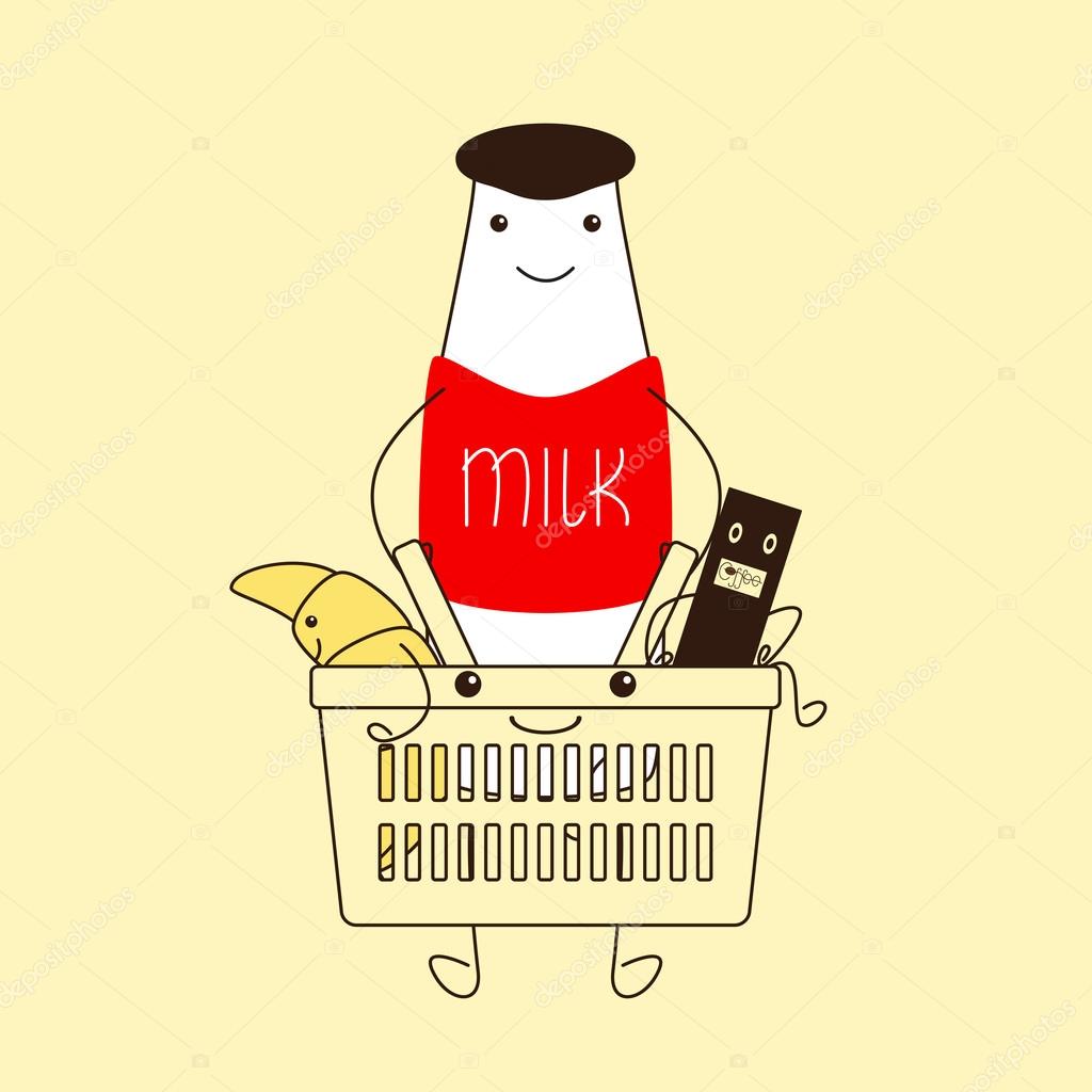 Funny milk bottle with small eyes, big smile, legs, hands in brown cap and red sweater with lettering milk on it holds plastic shopping basket with cute croissant standing inside it and frightened coffee pack tries to get out of basket isolated on ye