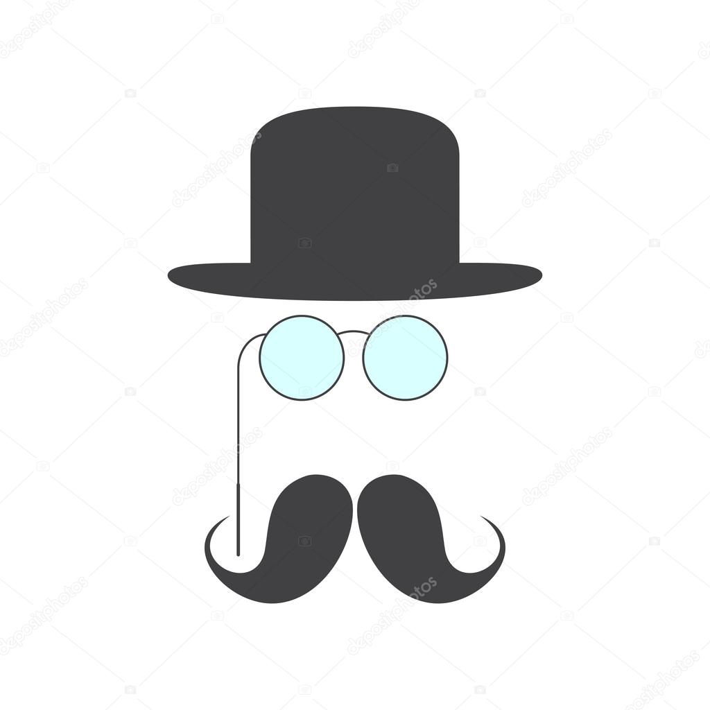 Grey mustache, pince-nez and grey colored bowler hat over it isolated on white background. Small set of retro style design elements