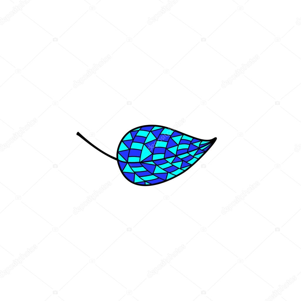 Blue and navy colored mosaic leaf with black outline isolated on white background. Logo template, design element