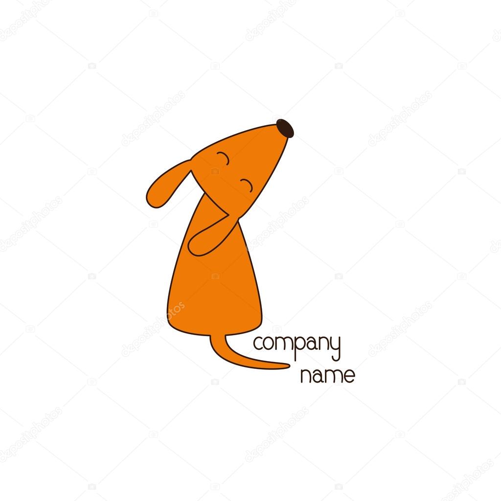 Stylized foxy colored dog sitting with its head up, closes eyes and curled tail and lettering company name near it isolated on white background. Logo template. Design element