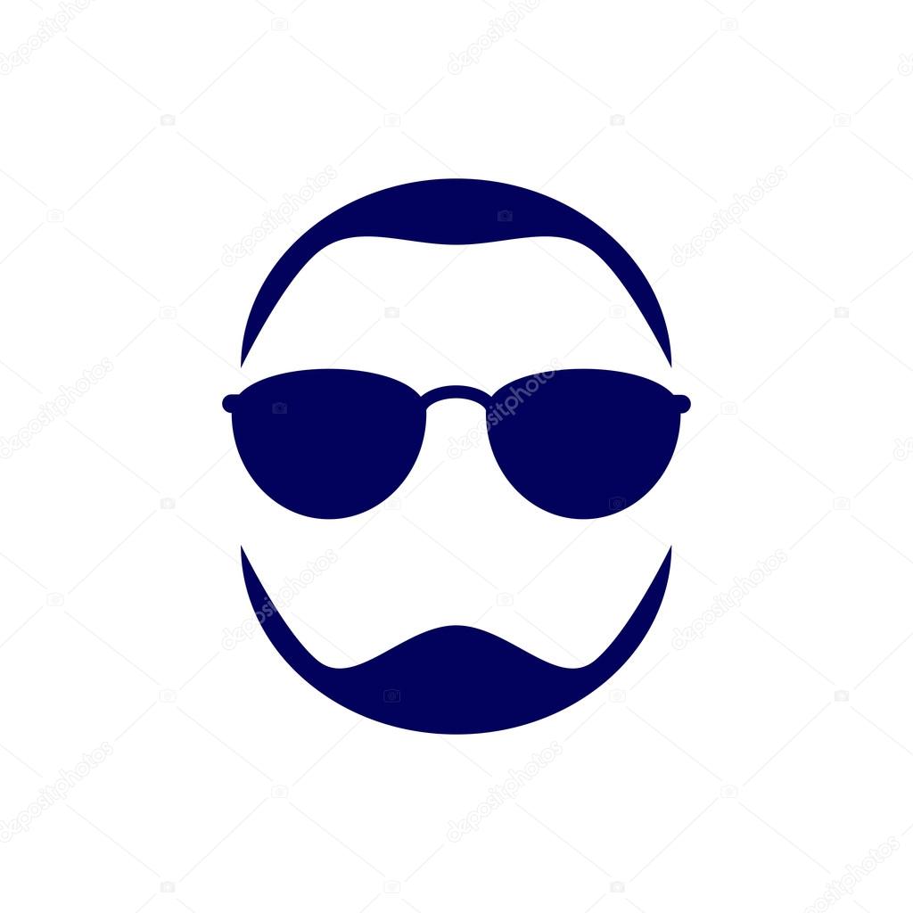 Hipster style elements. Navy colored short cuted hair, beard and sunglasses. Flat style illustration