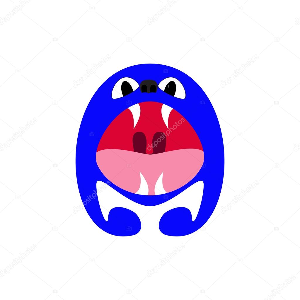 Letter A. Navy colored little monster with big eyes and nose, wide opened mouth and four fangs in the shape of capital letter A isolated on white background. Flat style illustration