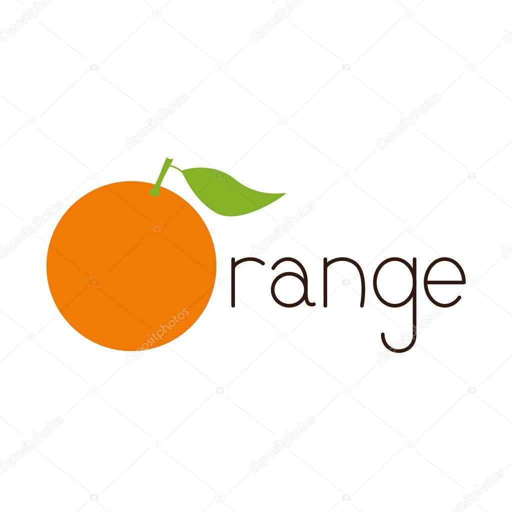 Brown colored lettering orange with big bright orange fruit as first letter isolated on white background. Logo template, design element, vegetarian menu decoration. Flat style illustration