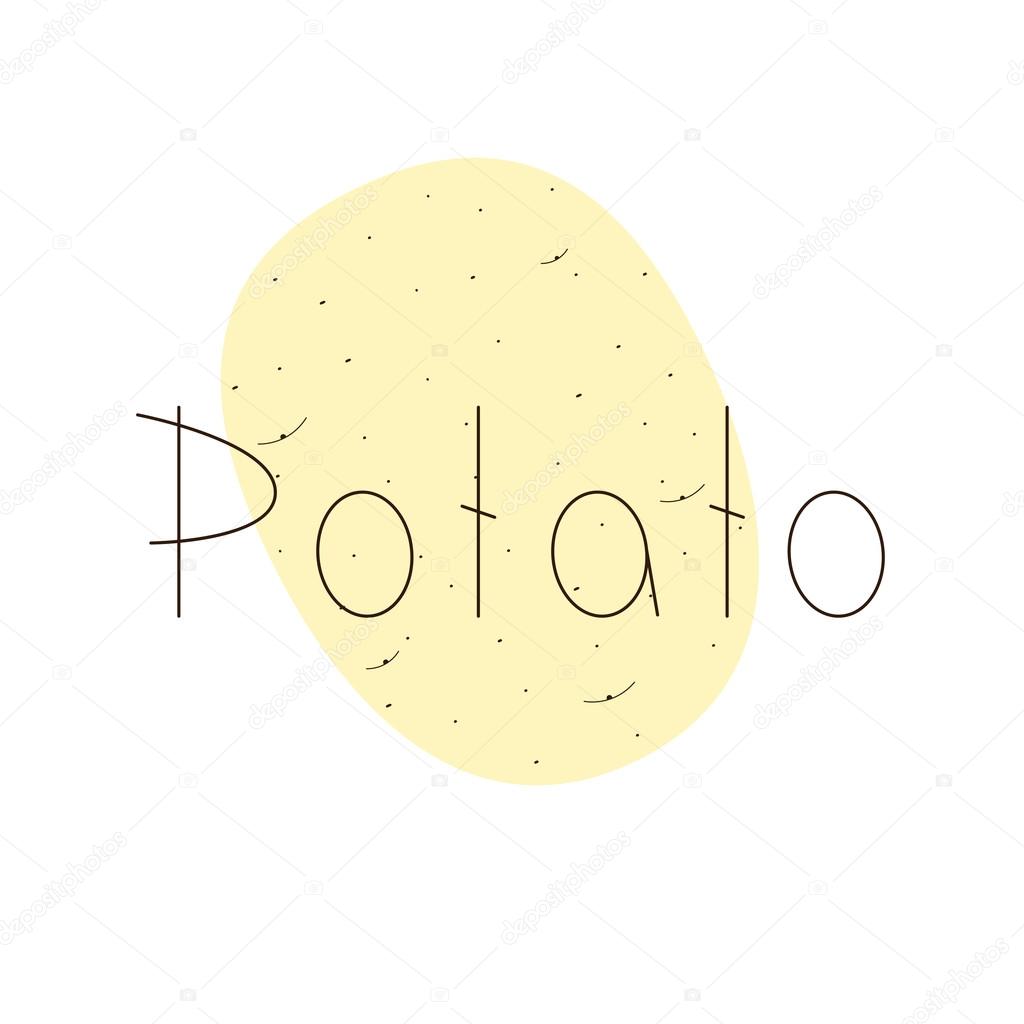 Light brown colored pointed potato with brown lettering potato over it on white background. Logo template, design element, vegetarian menu decoration. Flat style illustration