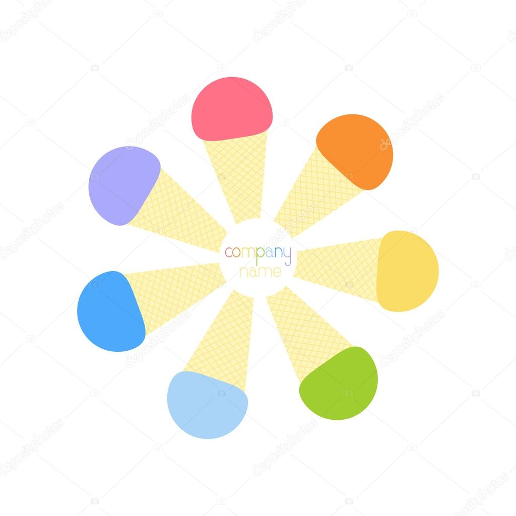 Seven rainbow colored ice cream cones situated in the shape of circle with place for company name in the middle. Logo template, design element. Flat style illustration