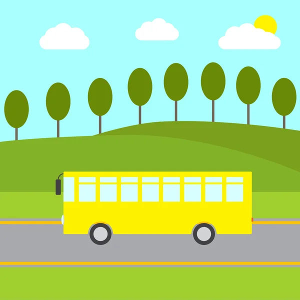 Autobús amarillo en el paisaje rural — Vector de stock