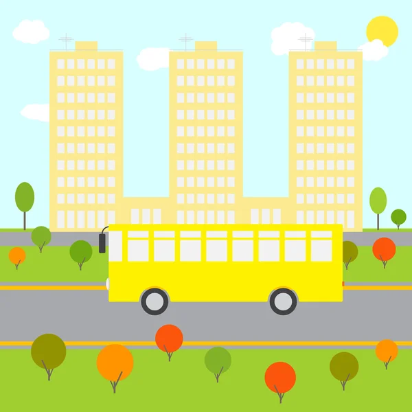 Sarı otobüs ile şehir manzarası Stok Vektör