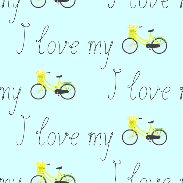 Patrón con Me encanta mi letras y bicicleta — Archivo Imágenes Vectoriales