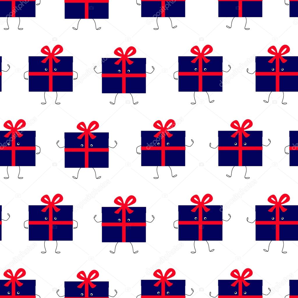 Seamless pattern with dancing navy colored gift box characters with wide red ribbon tied in a big red bow on the top of it isolated on white background. Logo template. Design element