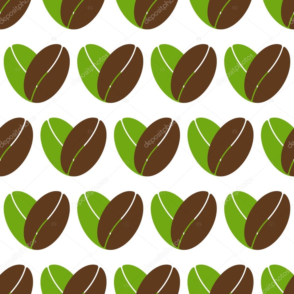 Seamless pattern with repeating two coffee beans, one green colored and another brown colored situated in the shape of heart it isolated on white background. Flat style illustration