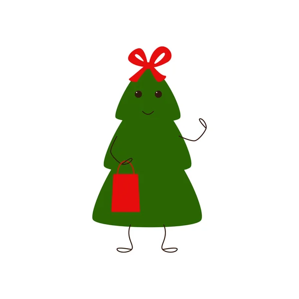 Смешной персонаж рождественской елки с луком и подарочной сумкой — стоковый вектор