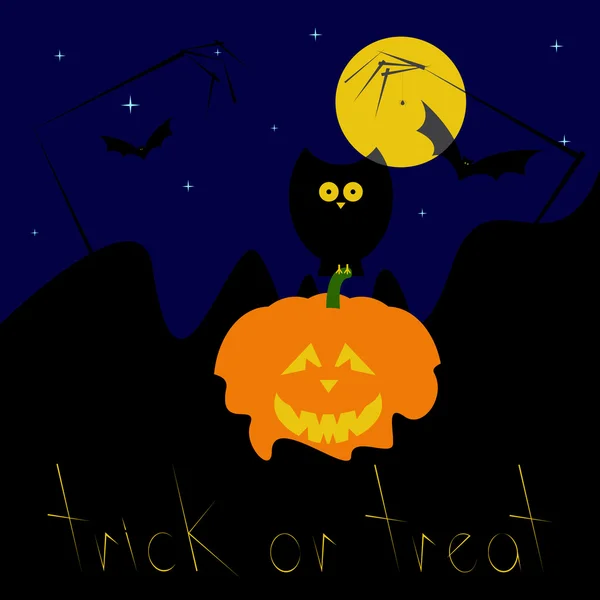Feliz cartão de felicitações de Halloween com abóbora e coruja — Vetor de Stock
