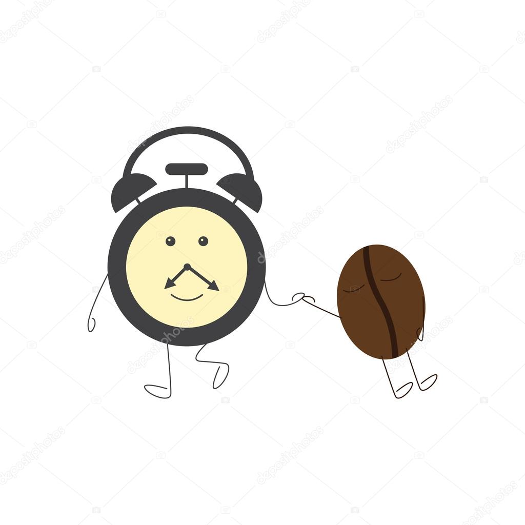 Funny alarm clock character dragging sleeping coffee bean. Concept of morning sleepiness. Flat style illustration on white background