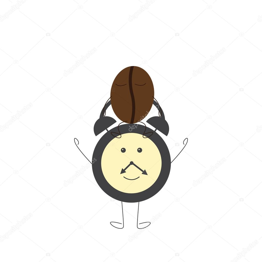 Funny alarm clock character and sleepy coffee bean sitting on it. Concept of morning sleepiness. Flat style illustration on white background