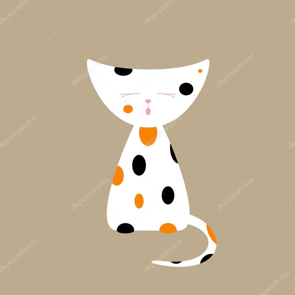 Cute tri-colored meowing kitten isolated on beige background. Logo template, design element. Flat style illustration