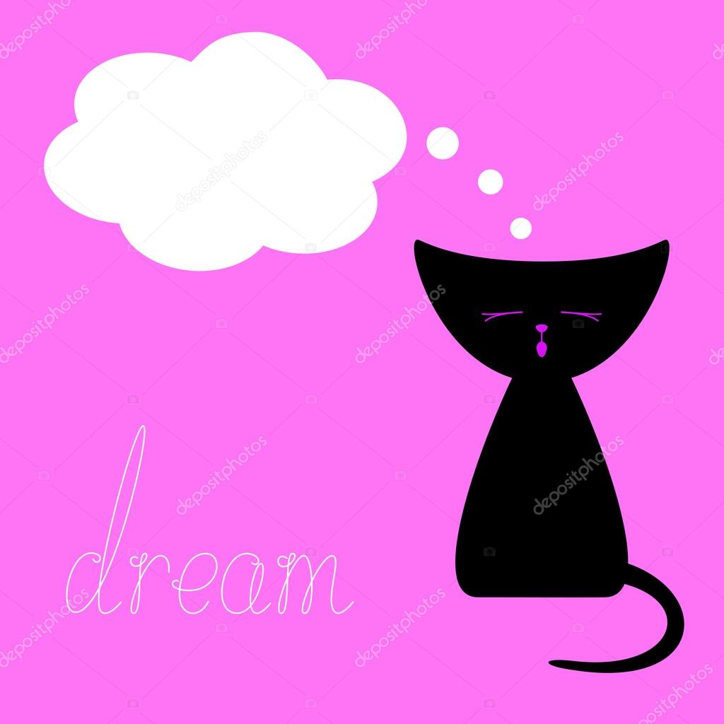 Cute black colored meowing kitten, white dream bubble and with calligraphic lettering dream isolated on pink background. Design element. Flat style illustration