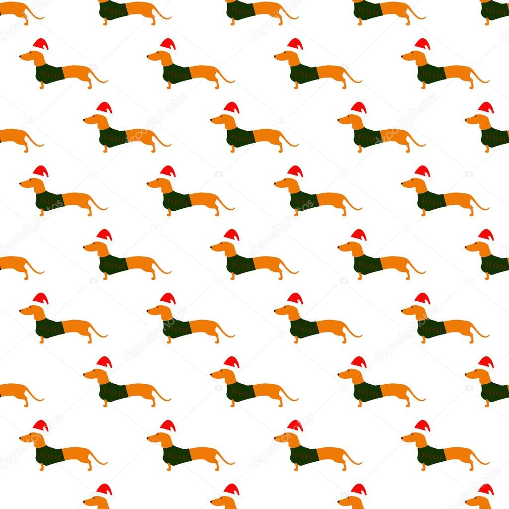 Pattern with dachshund in Christmas hat and green waistcoat