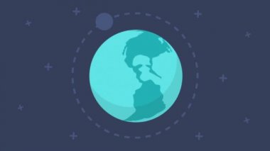 Düz tasarım iletişim ağı ve uydular ile dünya dönüyor. Bu animasyon sorunsuz bir döngü olduğunu. Animasyon Dünya gezegeninin. Düz stil ayın dünyanın uçan, döner, döner