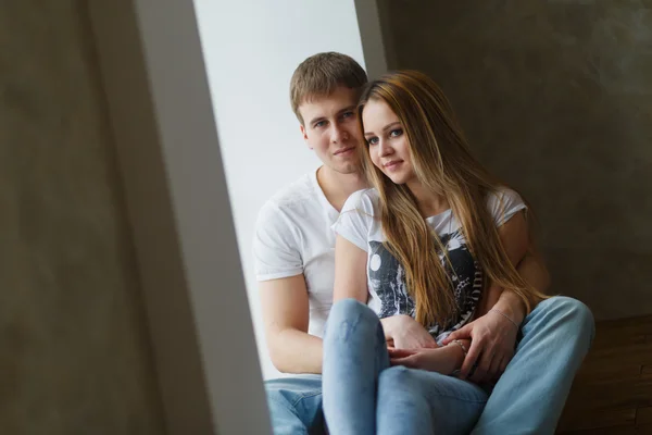 Romantic happy young couple relax at modern home indoors — Stock Photo, Image