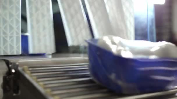 Mantar ambalajı ve ambalajı üretimde. Beyaz şampiyon mantarları plastik ambalajla paketlenmiştir. Fabrikanın arkasındaki otomatik taşıma bandı. Mantar çiftliği — Stok video