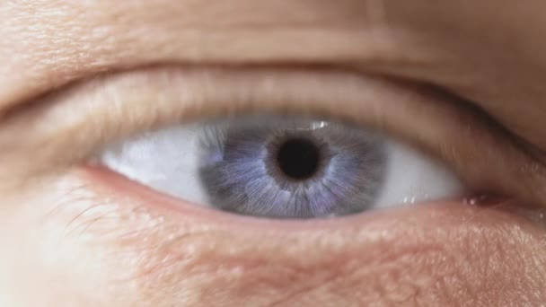 Крупный план открытия глаза с красивой голубой радужной оболочкой. Здоровая концепция. Макровидео с фронтальным обзором в 4К. — стоковое видео