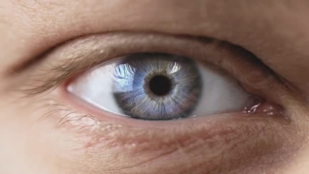 Gros plan de l'ouverture des yeux avec un magnifique iris bleu. Concept de vision saine. Vidéo macro vue de face en 4K. — Video