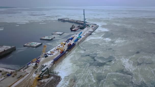 Aerial view of the oil terminal for shipping. Construction of the Russian oil pipe "Nord Stream 2". Export of petrochemical products. Oil flow from russia to germany along bottom of the baltic sea — Stock Video