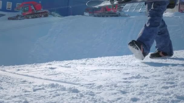 A menina coloca em um snowboard de inverno na montanha. O conceito de vitória no desporto. Insere a perna, prende as ligações no tabuleiro. Viagem de inverno na estância de esqui — Vídeo de Stock