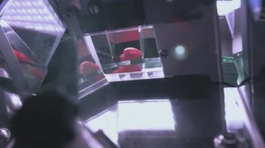 Turuncu haplar ya da besin takviyeleri taşıyıcı boyunca ilerler. İlaç ve tıbbi malzeme üretimi. Tablet üretimi. İlaç Endüstrisi Tabletli Taşıma Hattı, Fabrika Ekipmanı.