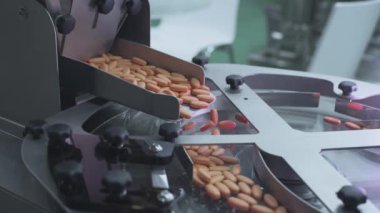 Turuncu haplar ya da besin takviyeleri taşıyıcı boyunca ilerler. Düş, tıbbi tesis. İlaç ve tıbbi malzeme üretimi. Tablet üretimi. Aşı ya da antiviral ilaç