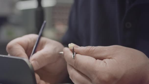 Un dentista crea un modelo de prótesis de mandíbula y dientes de cerámica en el laboratorio. Aplique pintura a los implantes dentales con un pincel. Dientes artificiales. Aplicación de nuevas tecnologías en odontología — Vídeos de Stock