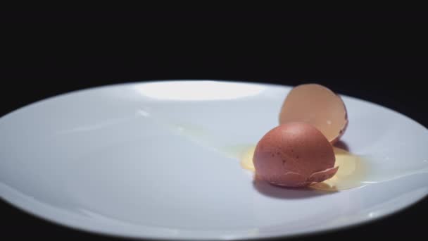 Un huevo de gallina marrón cae sobre un plato blanco. Se estrella en cámara lenta. Huevo roto. Trozos de cáscara y yema. Preparando el desayuno. Primer plano y cámara lenta. — Vídeo de stock