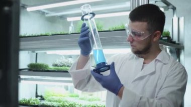 Erkek bilim adamı laboratuvarda araştırma yapıyor. Test tüpünde mavi bir sıvı tutuyor. Biyolojik verileri analiz eder. Bitkiler üzerinde biyokimya ile araştırma yapıyor. Bilimsel botanik araştırması