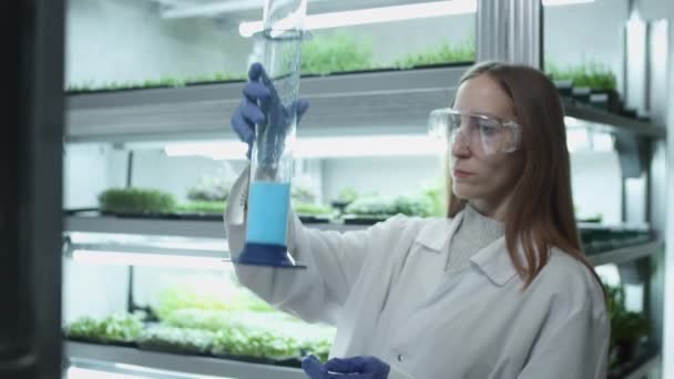 Uma mulher cientista de óculos e um casaco branco olha para o líquido azul em um tubo de ensaio. Analisa dados biológicos em laboratório. Realiza pesquisas com bioquímica em plantas. Investigação científica. — Vídeo de Stock