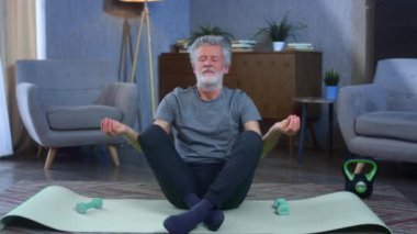 Sakallı, gri saçlı son sınıf öğrencisinin portresi yoga yapıyor. Lotus pozisyonunda oturuyor, Asana. Büyükbabam mükemmel bir atletik vücut şekline sahip. Spor giyim bölümündeki yaşlı adam. Yaşlılıkta sağlık
