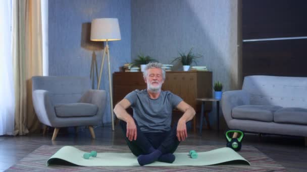 El retrato de un hombre mayor de pelo gris con barba se dedica al yoga en la estera. Se sienta en la posición de loto, asana. Abuelo en excelente forma de cuerpo atlético. Viejo en ropa deportiva. Salud en la vejez — Vídeos de Stock