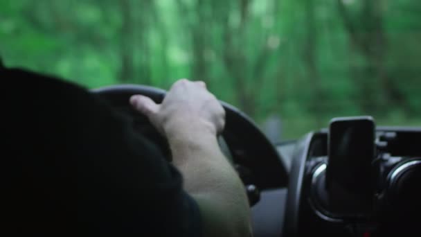 An man drives a car in a green forest. Close-up of a black leather steering wheel in wrinkled hands. — Stock Video