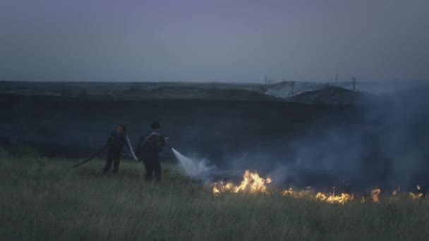 Riktiga två brandmän bär en slang med vatten i händerna och släcker den brinnande lågan. Naturen brinner: gräs, stäpp och fält — Stockvideo