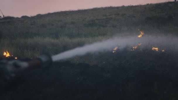 Un bombero sostiene una manguera con agua en las manos, apaga una llama ardiente. Los objetos naturales están ardiendo: hierba, estepa, bosques — Vídeos de Stock