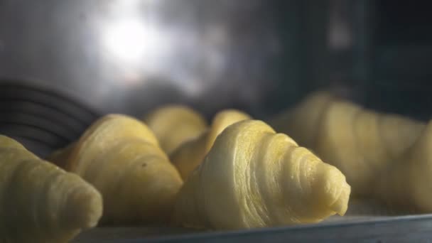 Timelapse hembakade bakverk croissanter i köket ugn. Traditionella europeiska wienska bullar. En hälsosam frukost. Varma krispiga bakade pajer — Stockvideo