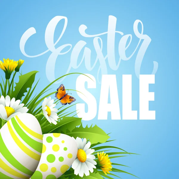 Pasqua vendita sfondo con uova e fiori primaverili. Illustrazione vettoriale — Vettoriale Stock