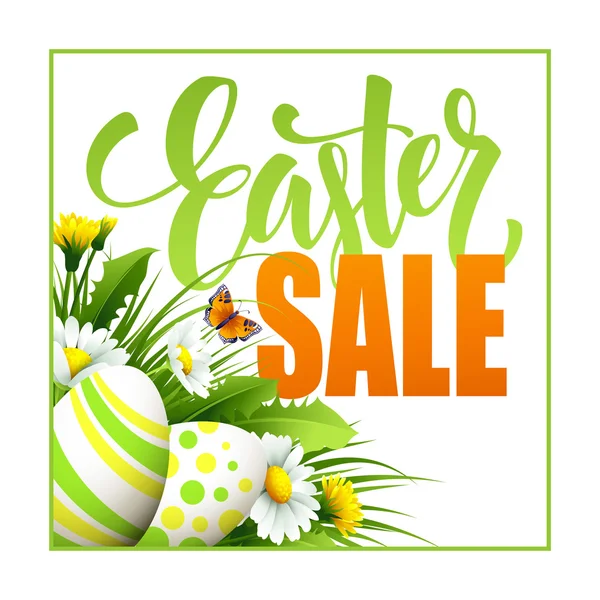 Fundo de venda de Páscoa com ovos e flor de primavera. Ilustração vetorial —  Vetores de Stock