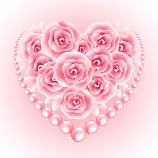 Rosas rosadas, perlas y corazoncillo. Ilustración vectorial — Archivo Imágenes Vectoriales
