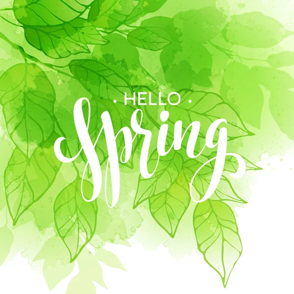 Hand lettered style spring design on watercolor leaf background. Spring Time hand drawn calligraphy letters. — Stock Vector