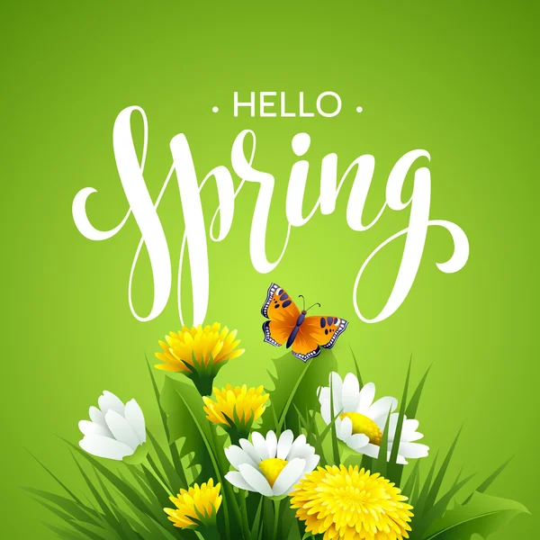 Inscrição Spring Time no fundo com flores da primavera. Fundo floral primavera. Flores da Primavera. Design de fundo de flores de primavera para primavera — Vetor de Stock