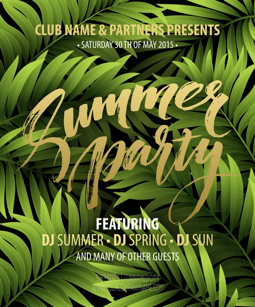 Summer party pster with palm leaf and lettering. Vector illustration — Stock Vector