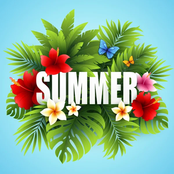 Summer tropical background of palm leaves and tropical flowers. Tropical palm leaves. Tropical summer design. Background for summer design. Summer background of palm leaves and flowers