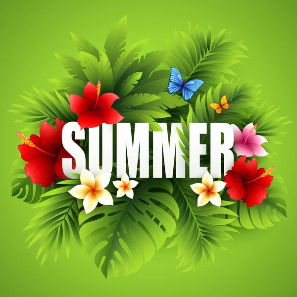 Summer tropical background of palm leaves and tropical flowers. Tropical palm leaves. Tropical summer design. Background for summer design. Summer background of palm leaves and flowers